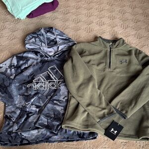 NEW Under Armour Kids Olive Green Fleece 1/4 zip M & like new adidas Med hoodie